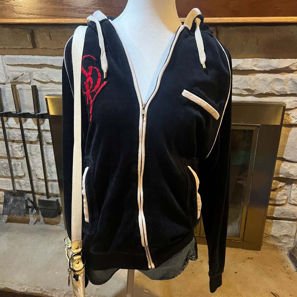 SPY Women's Y2K Black Velour Zip Hoodie With Red Logo Embroidery